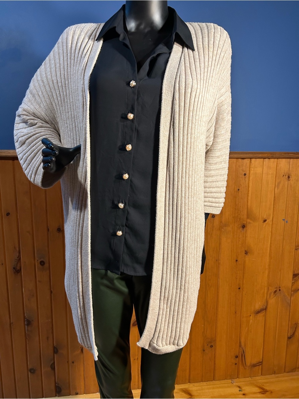 Ribbed Open-Front Beige Cardigan